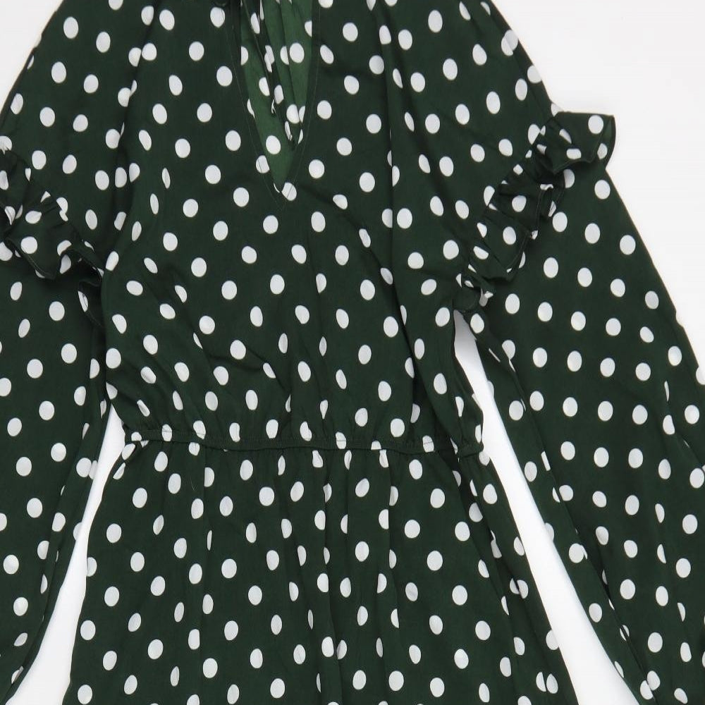 Elli White Womens Green Polka Dot Polyester Fit & Flare  Size S  Round Neck Tie