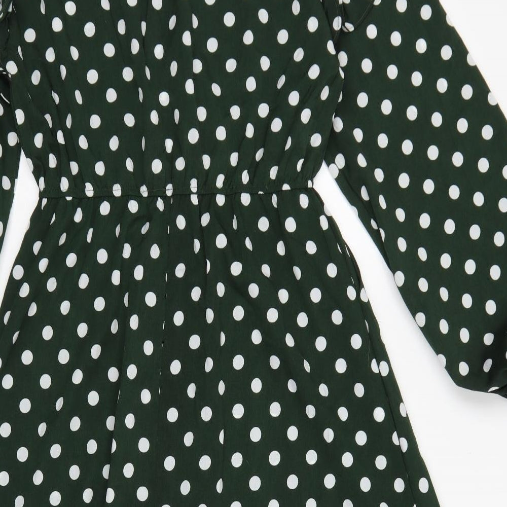Elli White Womens Green Polka Dot Polyester Fit & Flare  Size S  Round Neck Tie