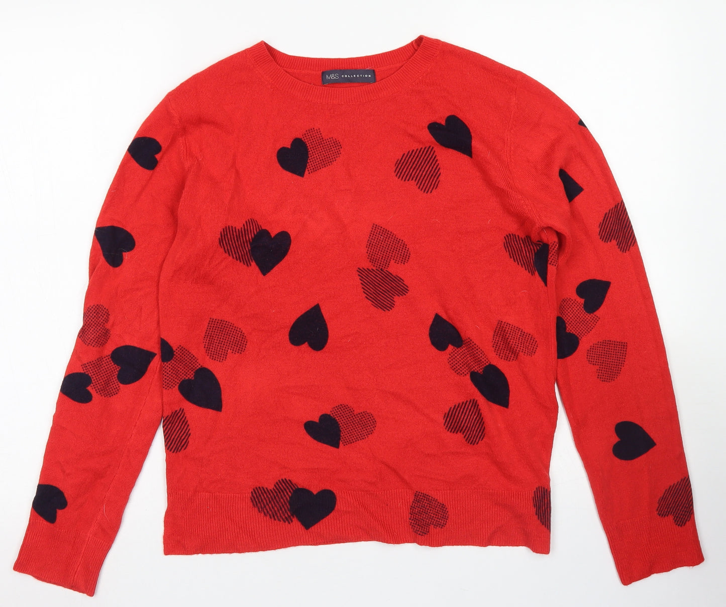 M&S Collection Womens Red Crew Neck  Acrylic Pullover Jumper Size 12   - Heart Print