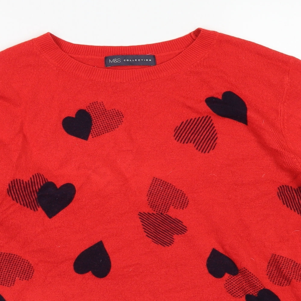 M&S Collection Womens Red Crew Neck  Acrylic Pullover Jumper Size 12   - Heart Print