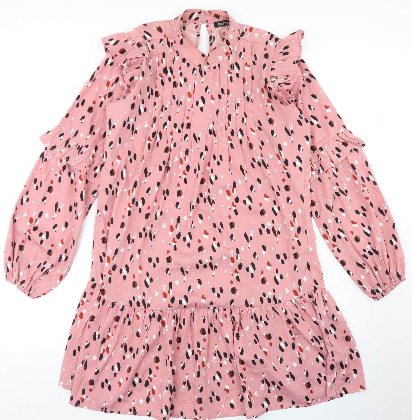 Boohoo Womens Pink Animal Print Polyester A-Line  Size 12  Crew Neck Button