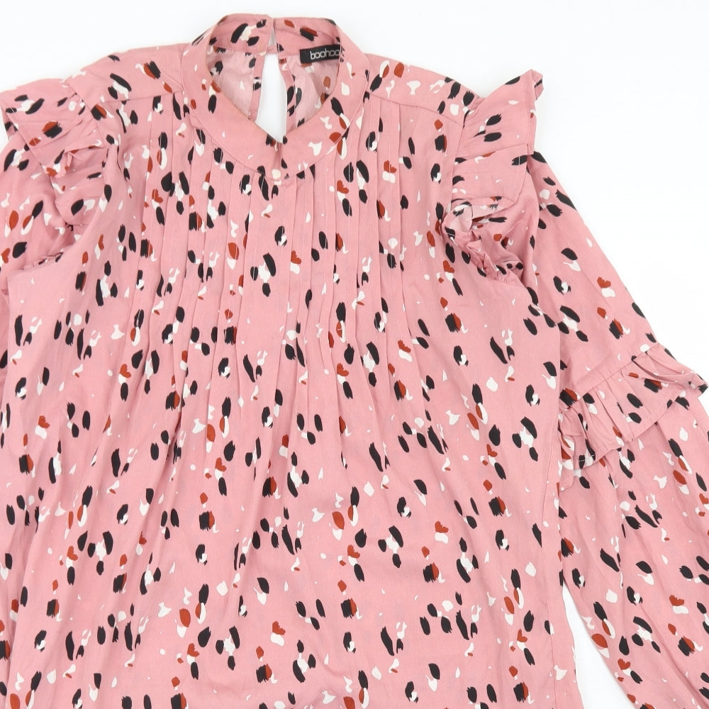 Boohoo Womens Pink Animal Print Polyester A-Line  Size 12  Crew Neck Button