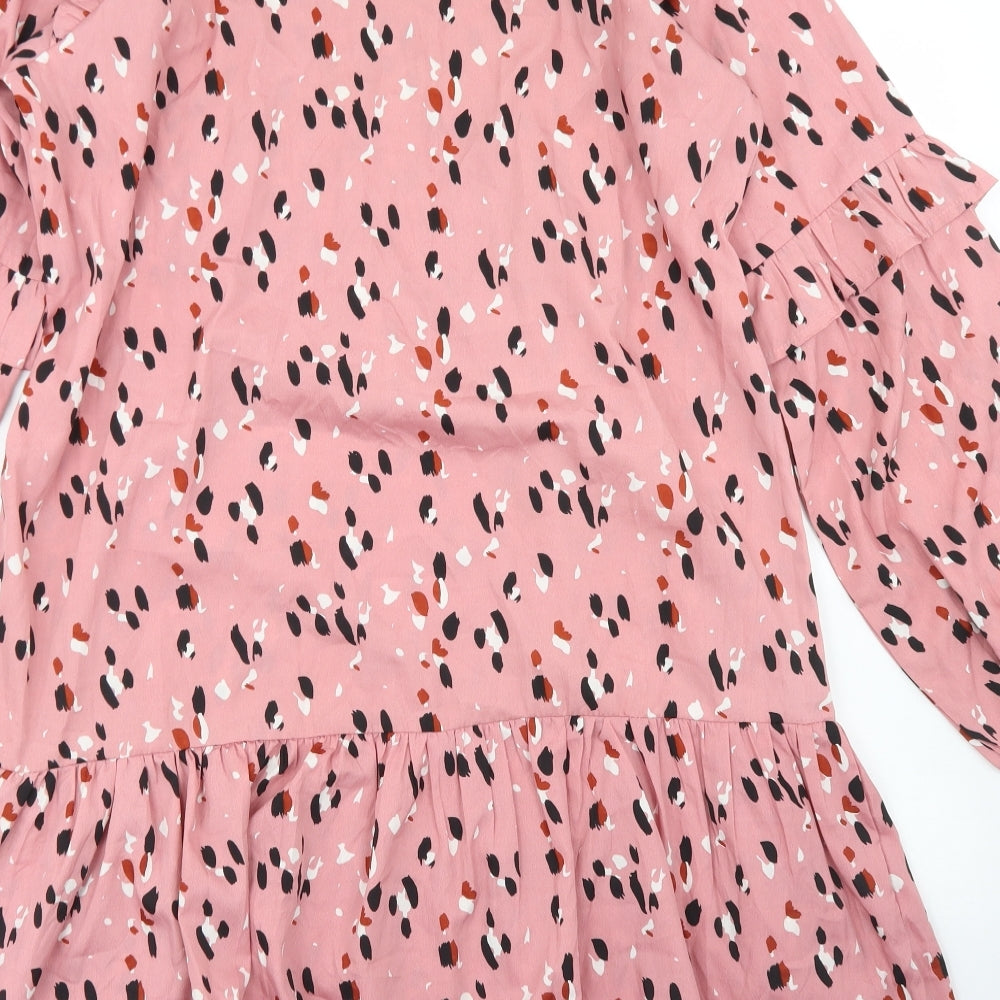 Boohoo Womens Pink Animal Print Polyester A-Line  Size 12  Crew Neck Button