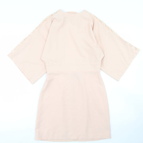 ASOS Womens Pink  Polyester Pencil Dress  Size 4  Crew Neck Zip - Lace sleeve detail, open back