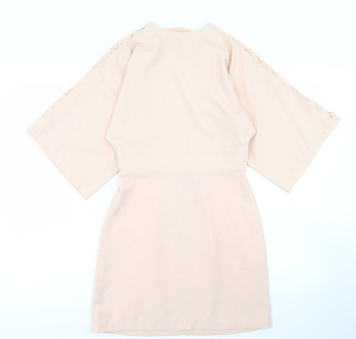 ASOS Womens Pink  Polyester Pencil Dress  Size 4  Crew Neck Zip - Lace sleeve detail, open back