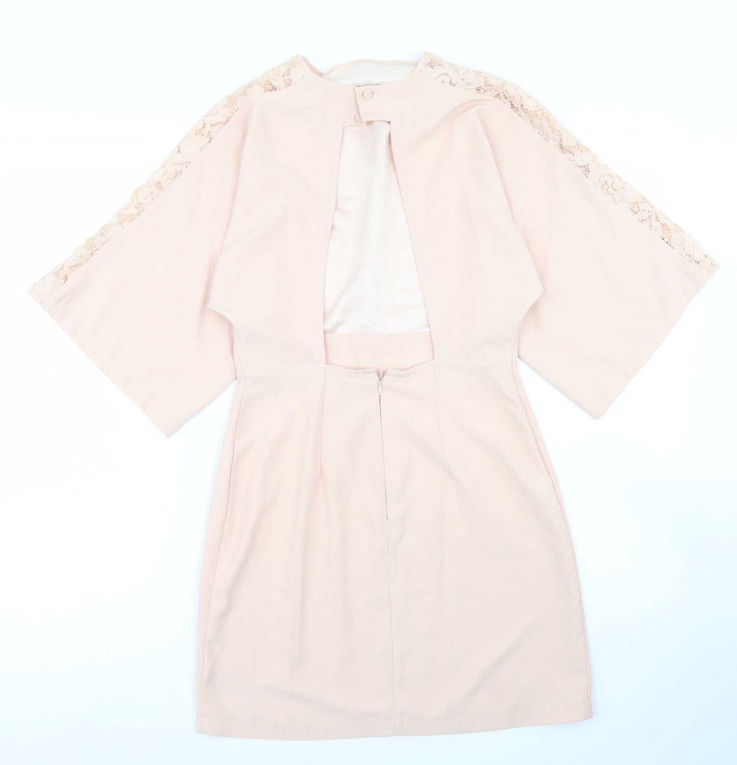 ASOS Womens Pink  Polyester Pencil Dress  Size 4  Crew Neck Zip - Lace sleeve detail, open back