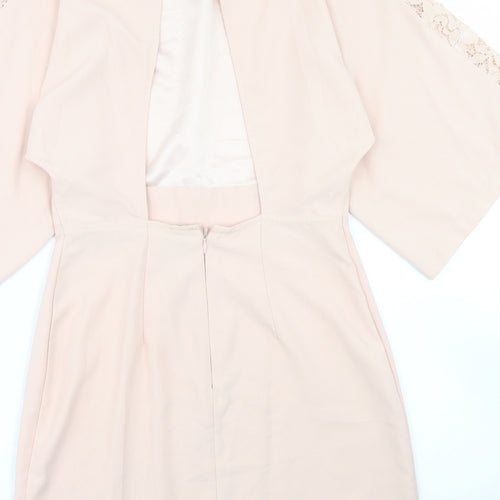 ASOS Womens Pink  Polyester Pencil Dress  Size 4  Crew Neck Zip - Lace sleeve detail, open back