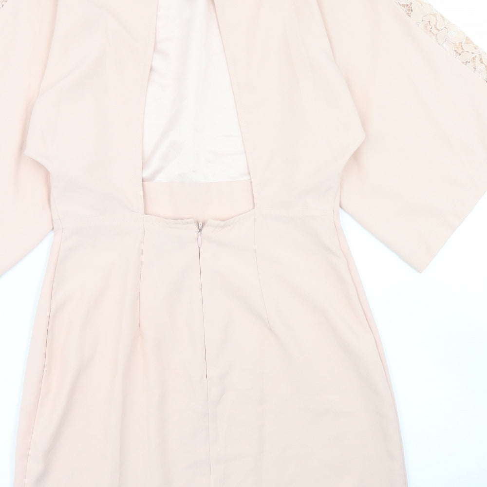 ASOS Womens Pink  Polyester Pencil Dress  Size 4  Crew Neck Zip - Lace sleeve detail, open back