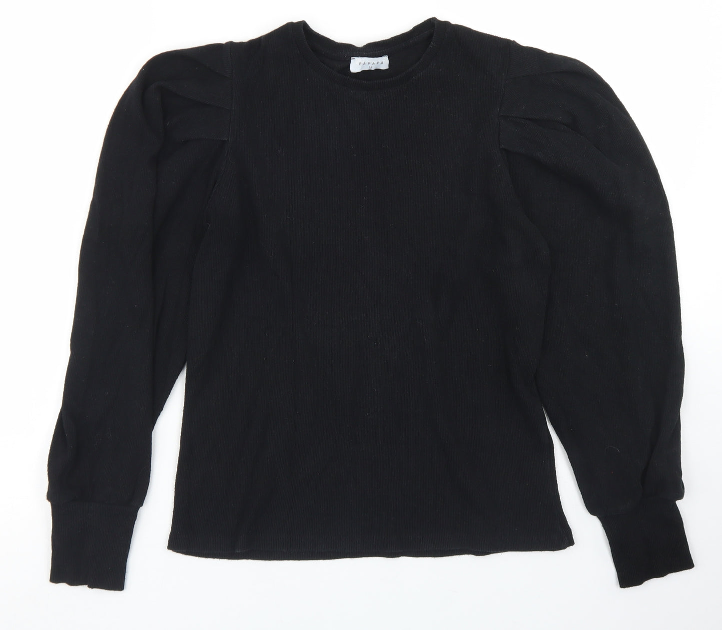 Papaya Womens Black  Cotton Basic T-Shirt Size 12 Crew Neck - Puff Sleeve