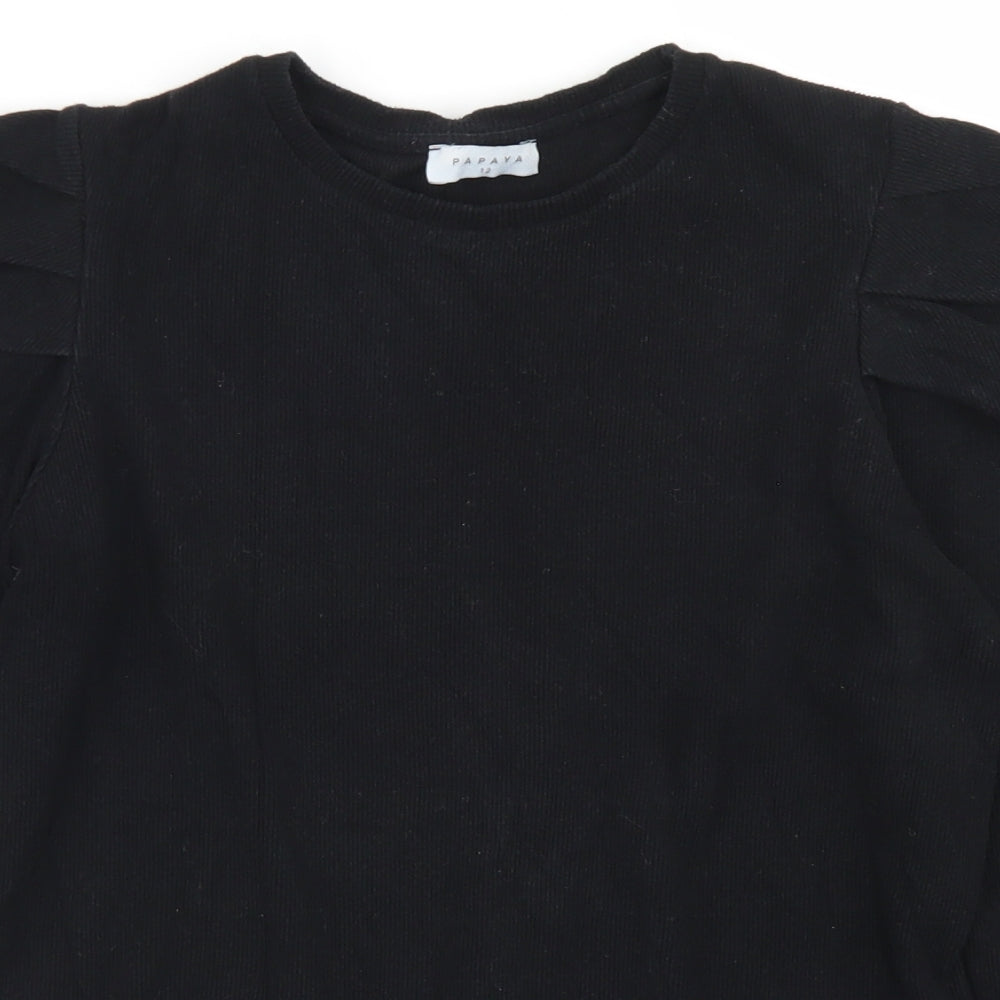 Papaya Womens Black  Cotton Basic T-Shirt Size 12 Crew Neck - Puff Sleeve