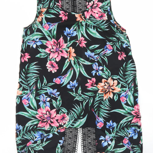 Primark Womens Black Floral Polyester Basic Blouse Size 10 Round Neck - Crochet back detail