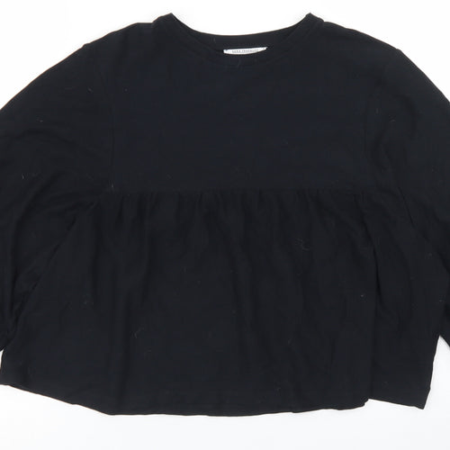 Zara Womens Black  Cotton Cropped T-Shirt Size S Crew Neck - Balloon Sleeve
