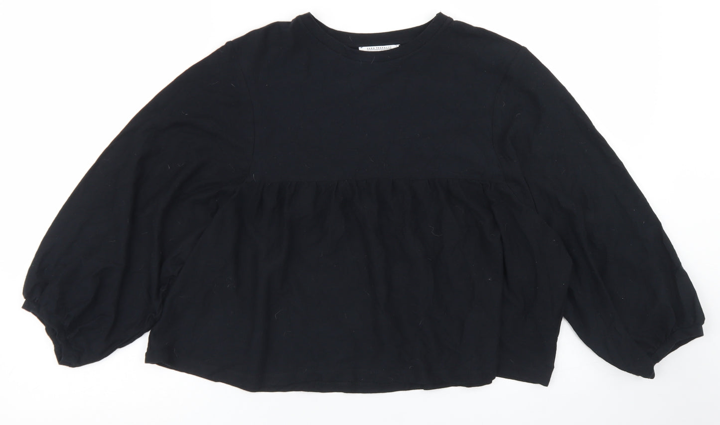 Zara Womens Black  Cotton Cropped T-Shirt Size S Crew Neck - Balloon Sleeve