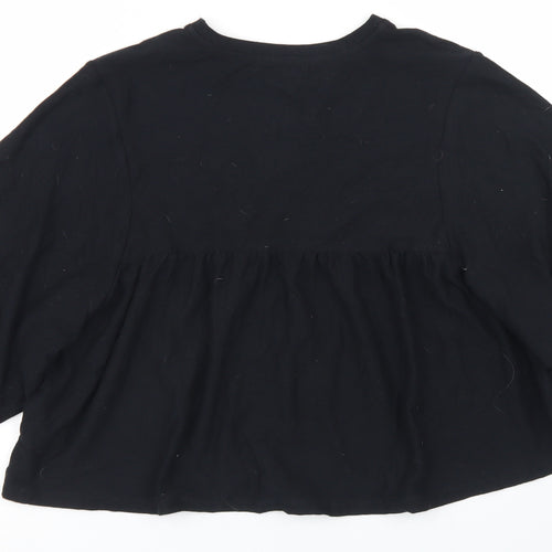 Zara Womens Black  Cotton Cropped T-Shirt Size S Crew Neck - Balloon Sleeve