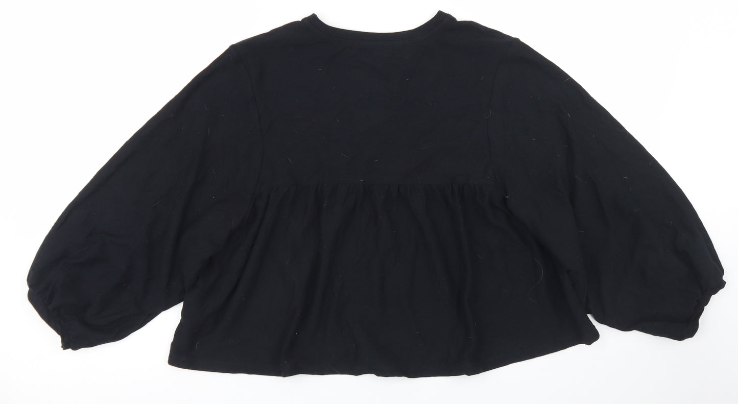 Zara Womens Black  Cotton Cropped T-Shirt Size S Crew Neck - Balloon Sleeve