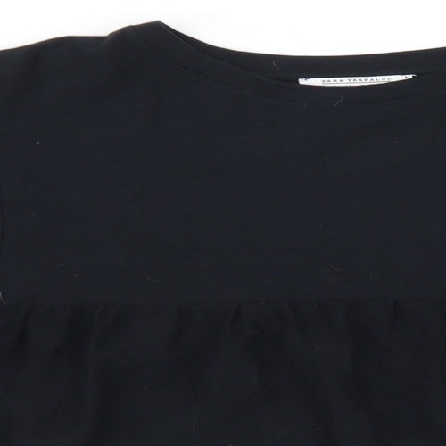 Zara Womens Black  Cotton Cropped T-Shirt Size S Crew Neck - Balloon Sleeve