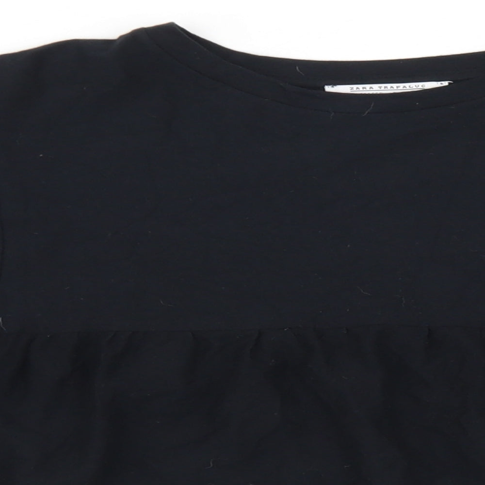 Zara Womens Black  Cotton Cropped T-Shirt Size S Crew Neck - Balloon Sleeve
