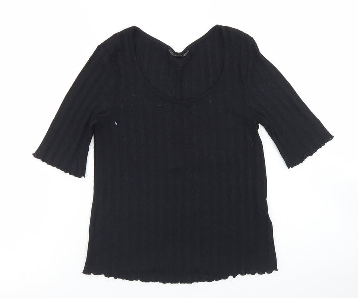 Topshop Womens Black  Polyester Cropped T-Shirt Size 6 Round Neck - Lettuce Edging
