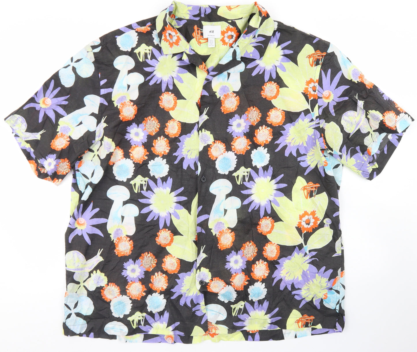 H&M Mens Black Floral Cotton  Button-Up Size XL Collared Button