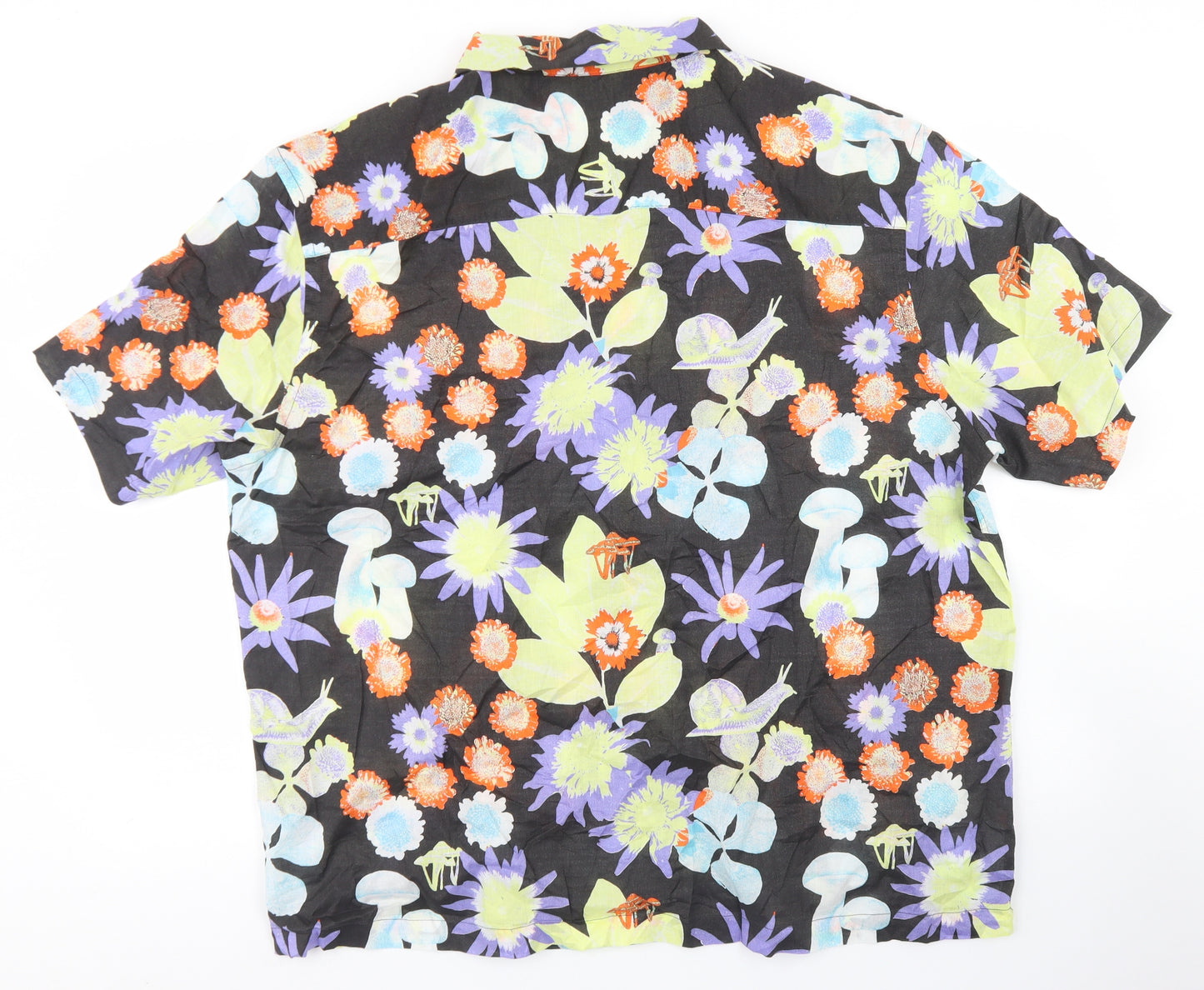 H&M Mens Black Floral Cotton  Button-Up Size XL Collared Button