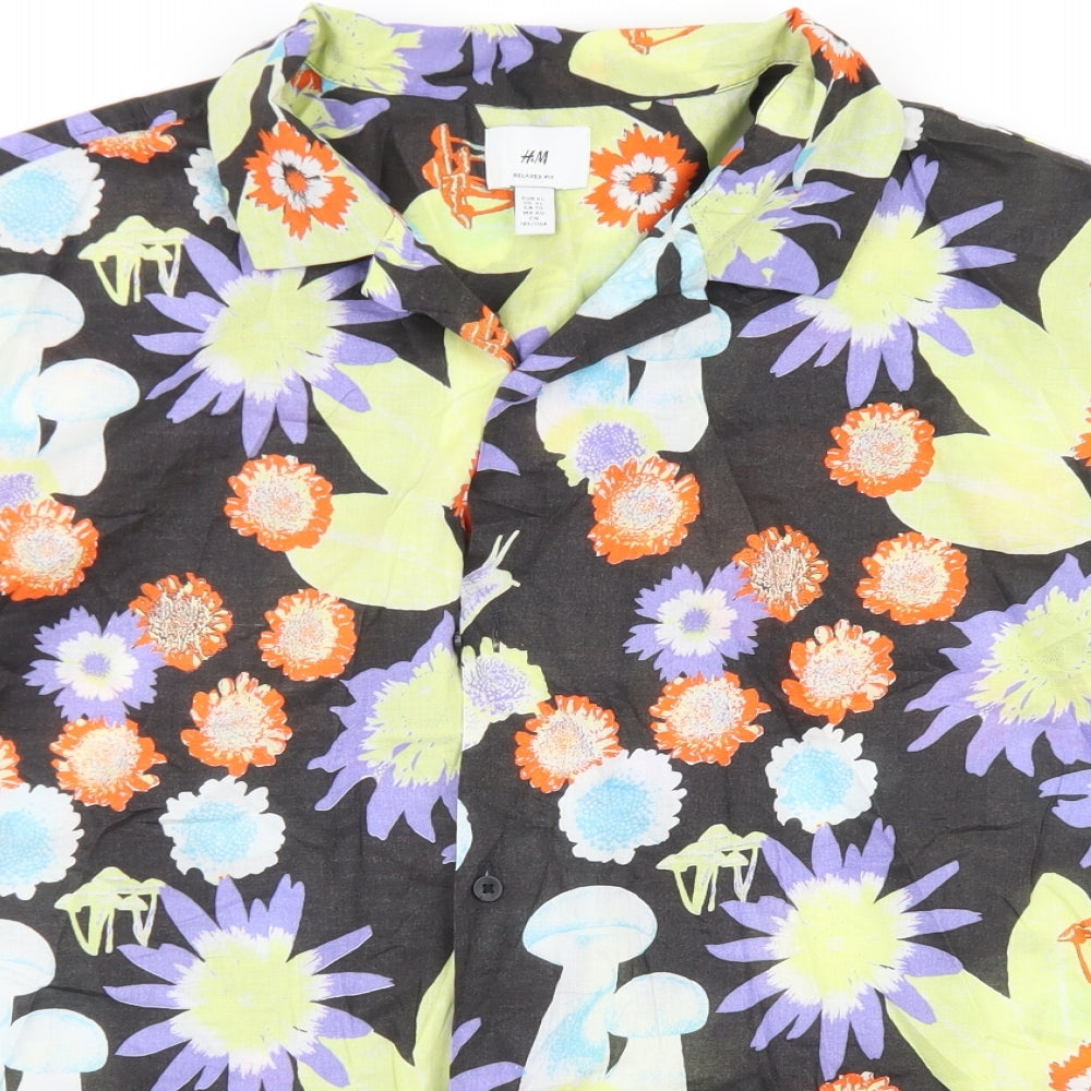 H&M Mens Black Floral Cotton  Button-Up Size XL Collared Button