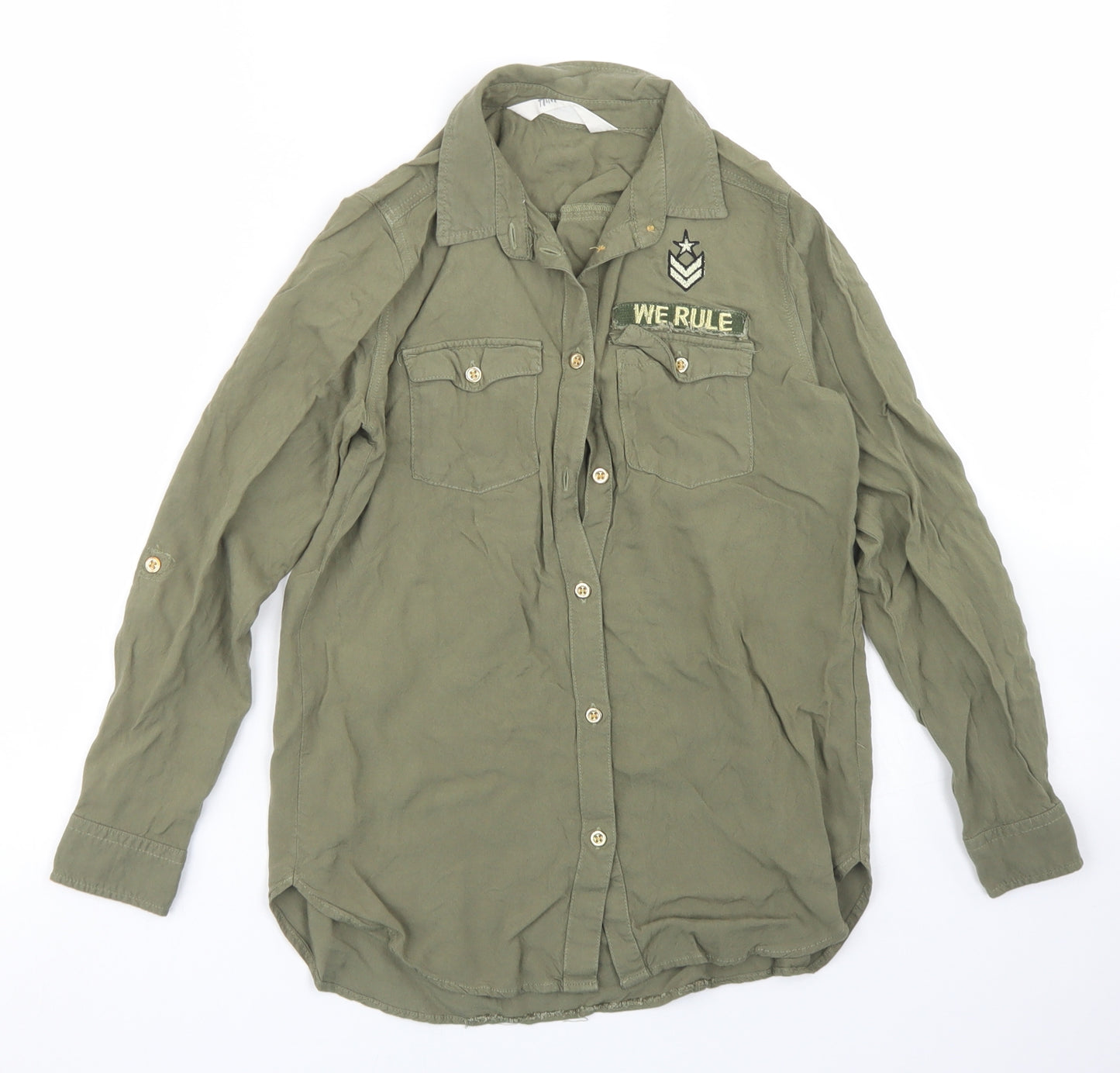 H&M Girls Green  Viscose Basic Button-Up Size 9-10 Years Collared Button