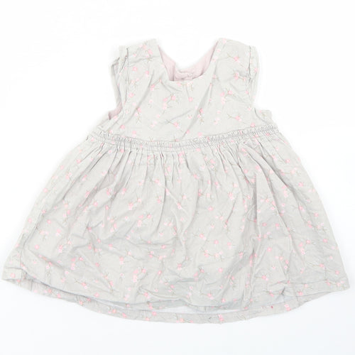 Matalan Girls Grey Floral Cotton Skater Dress  Size 6-9 Months  Round Neck Button