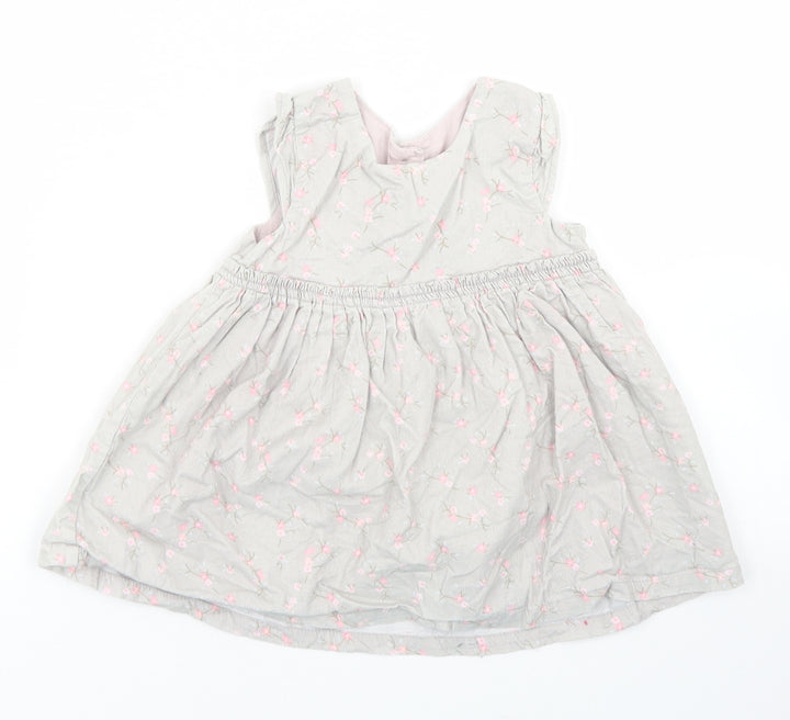 Matalan Girls Grey Floral Cotton Skater Dress Size 6-9 Months Round Neck Button