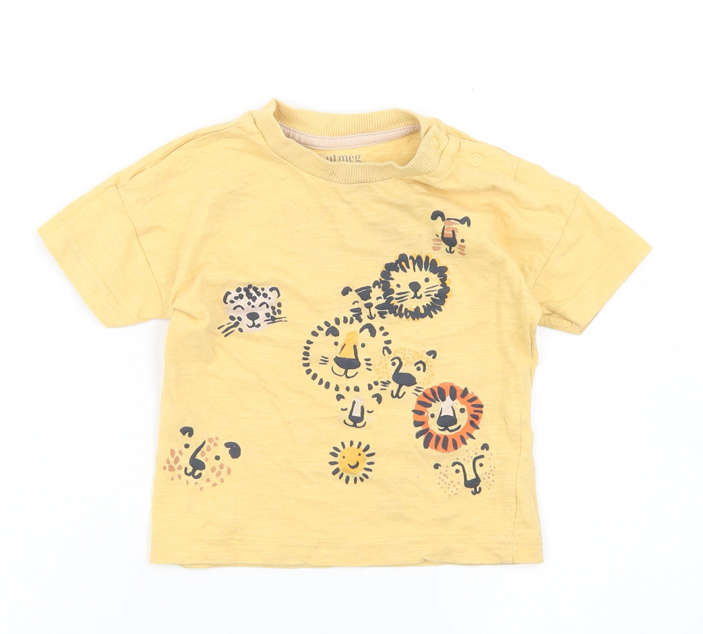Nutmeg Boys Yellow  Cotton Basic T-Shirt Size 9-12 Months Crew Neck Snap - Lions