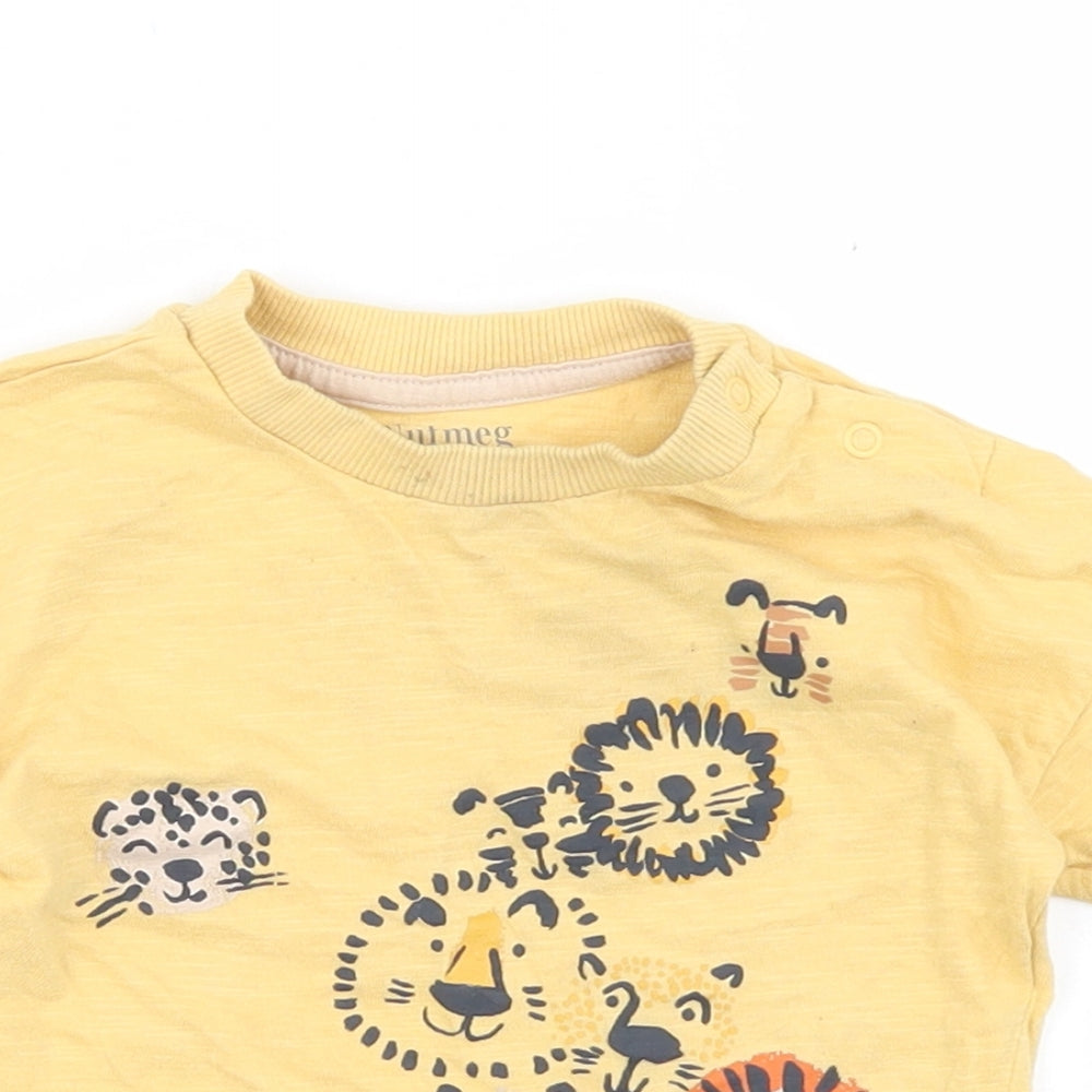 Nutmeg Boys Yellow  Cotton Basic T-Shirt Size 9-12 Months Crew Neck Snap - Lions