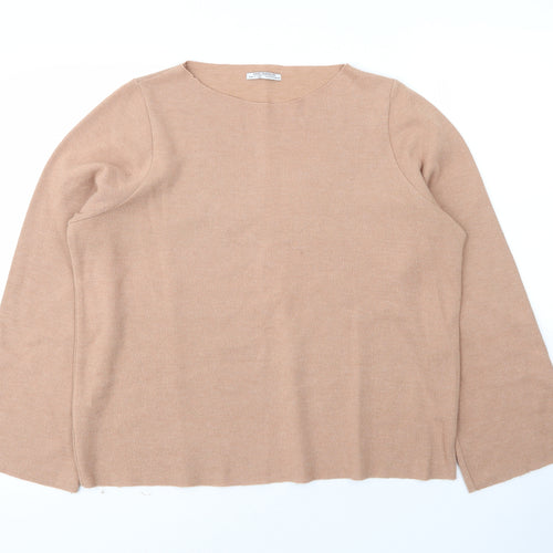 Zara Womens Beige Round Neck  Cotton Pullover Jumper Size S