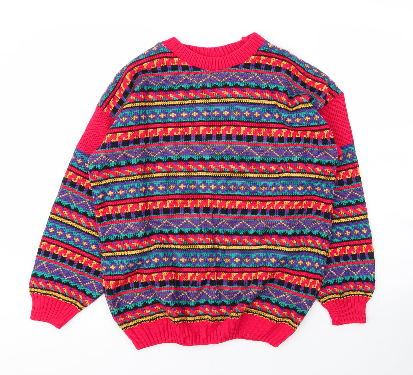 Preworn Womens Red Round Neck Fair Isle Acrylic Pullover Jumper Size L