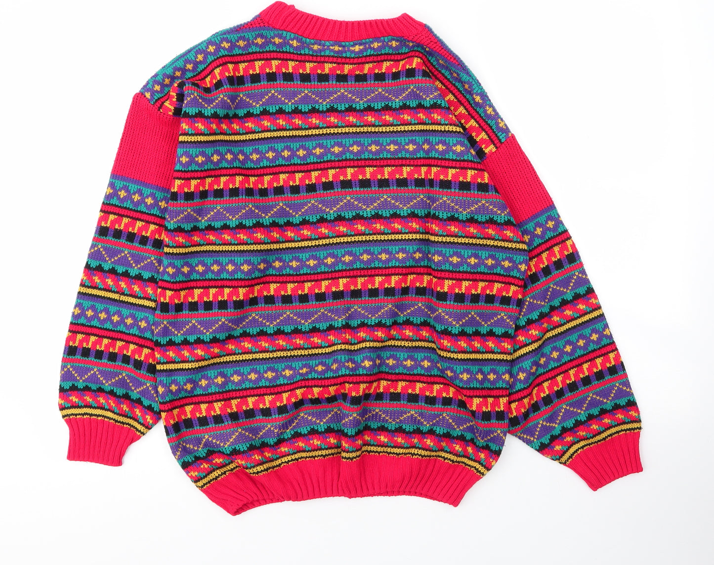Preworn Womens Red Round Neck Fair Isle Acrylic Pullover Jumper Size L