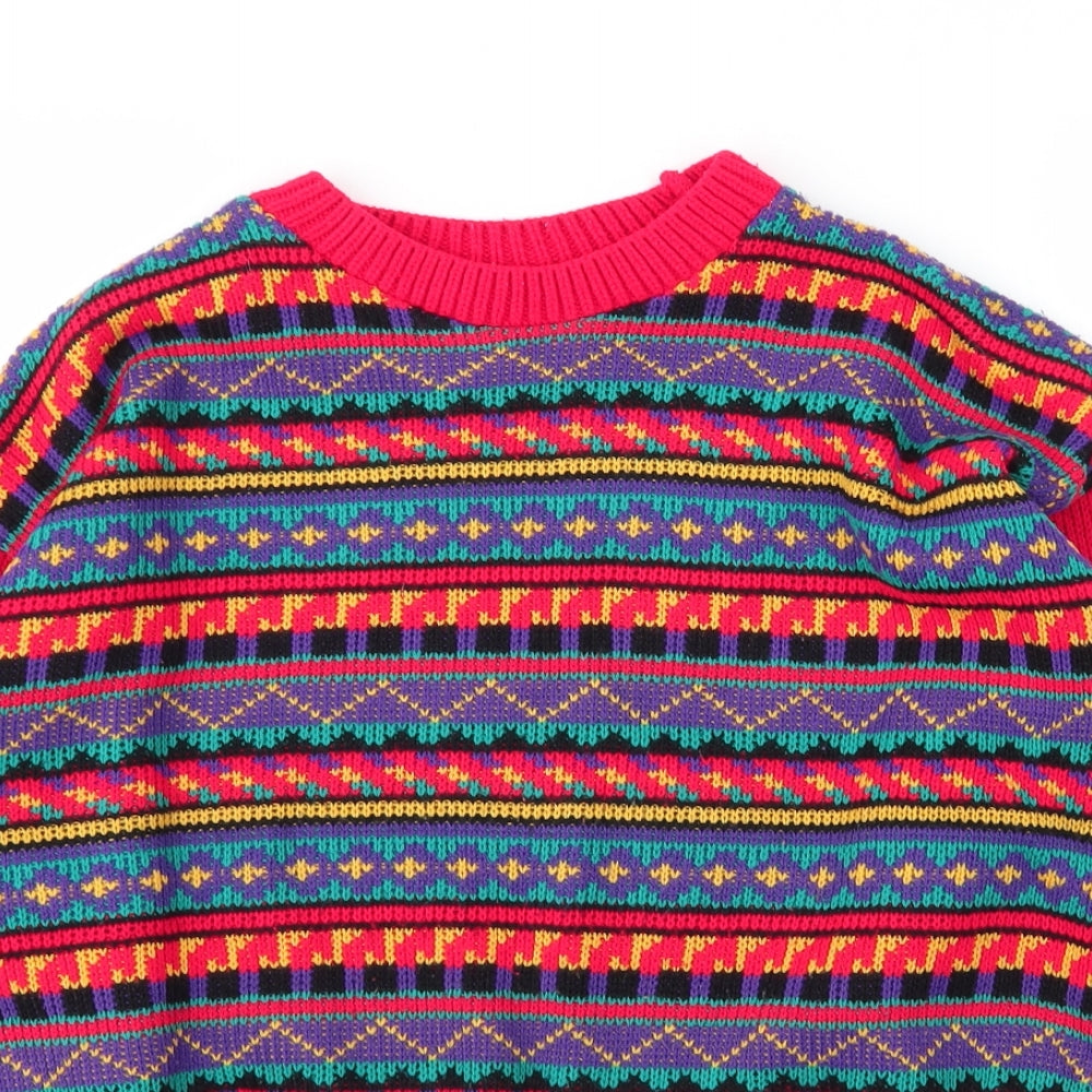 Preworn Womens Red Round Neck Fair Isle Acrylic Pullover Jumper Size L