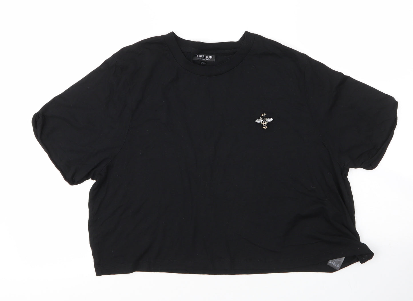 Topshop Womens Black  Cotton Cropped T-Shirt Size 16 Round Neck