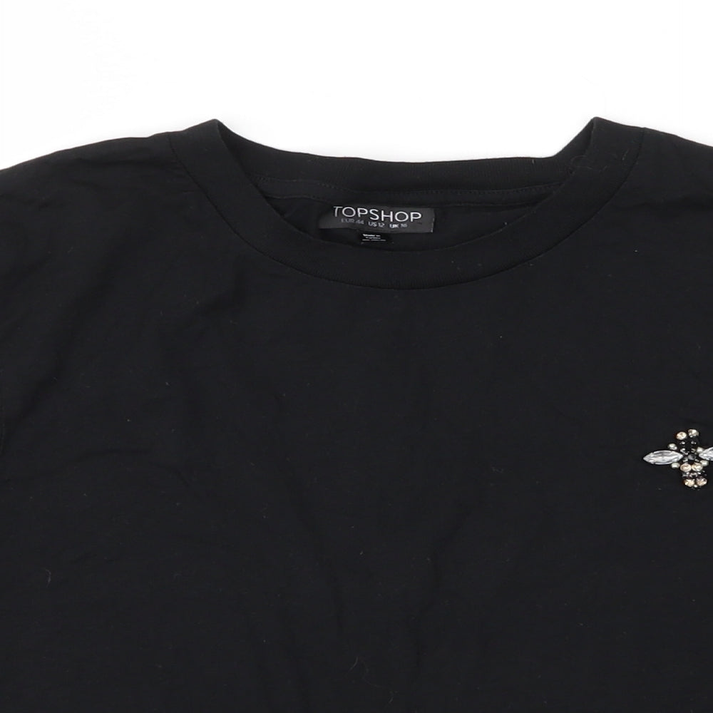 Topshop Womens Black  Cotton Cropped T-Shirt Size 16 Round Neck