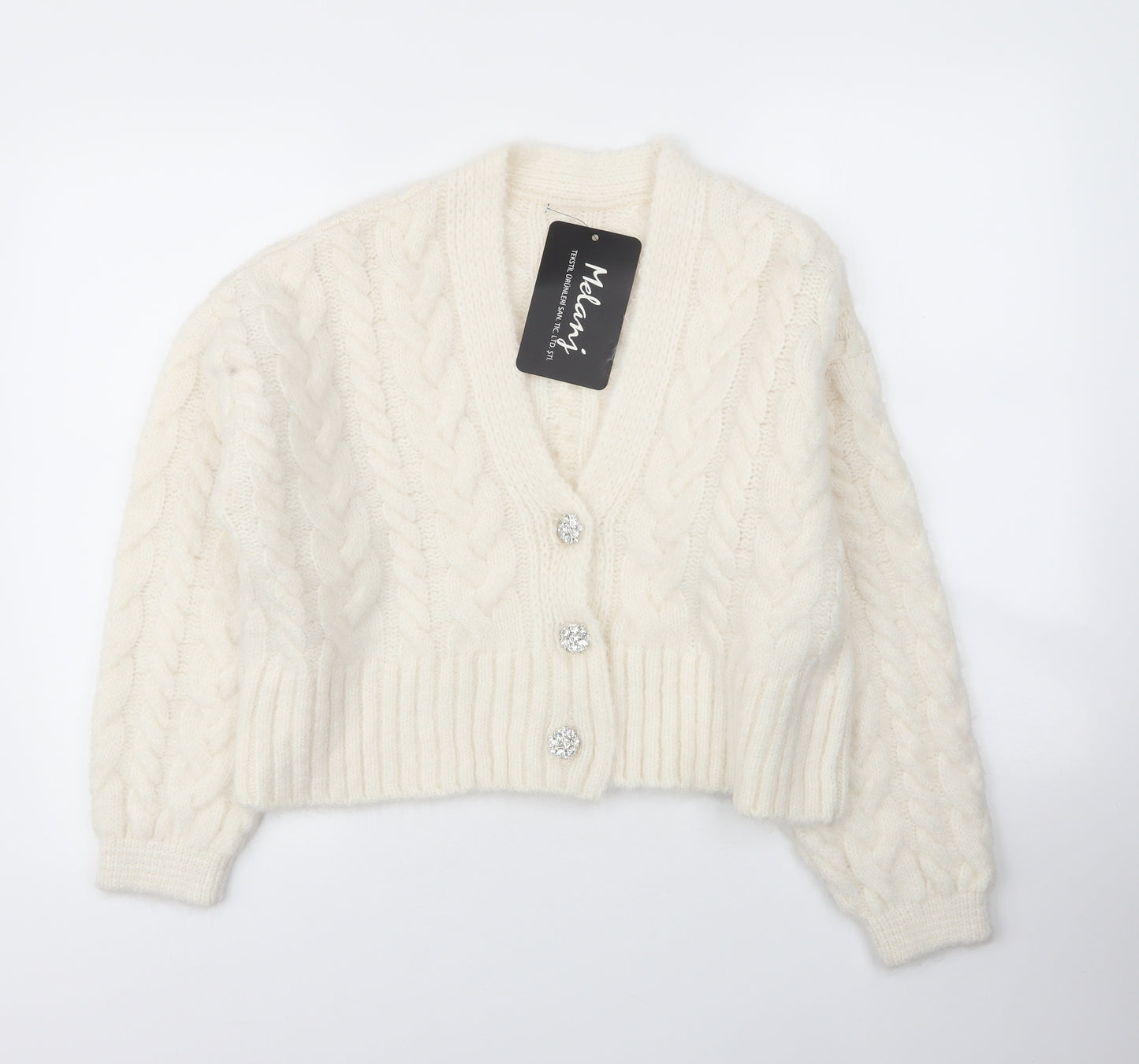 Melanj Womens White V-Neck  Wool Cardigan Jumper Size M