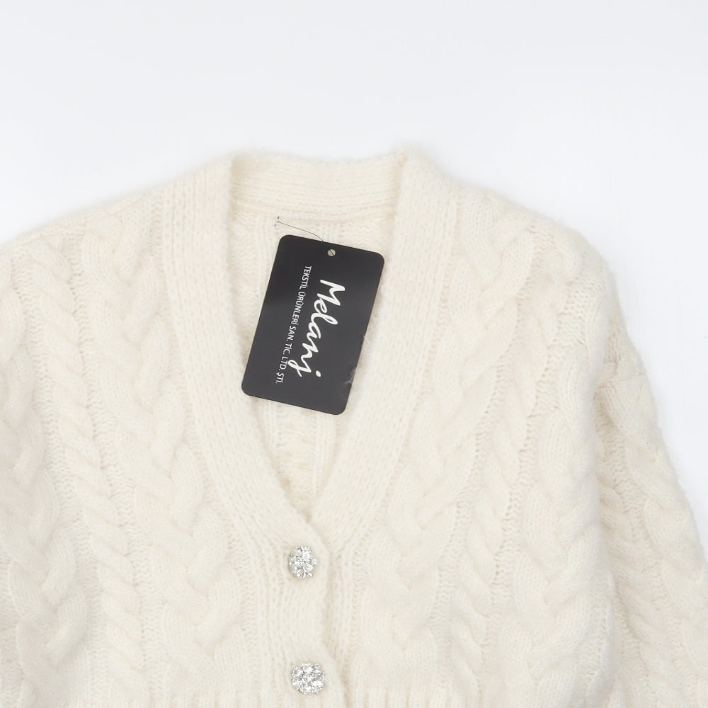 Melanj Womens White V-Neck  Wool Cardigan Jumper Size M
