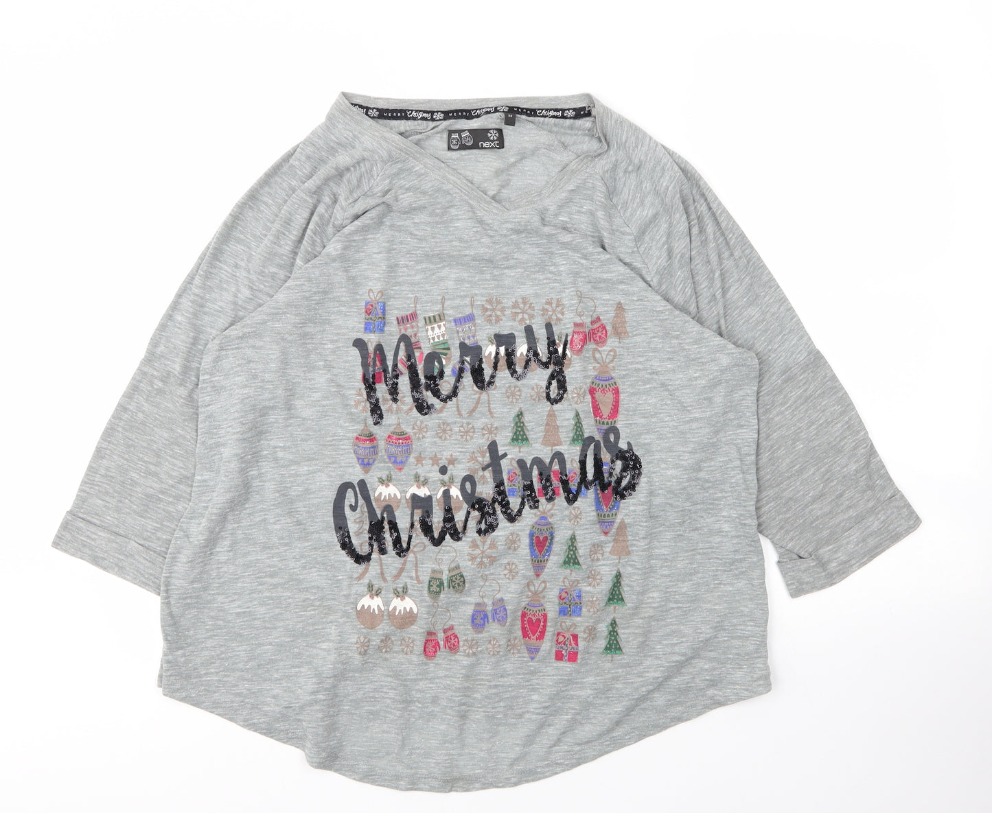 NEXT Womens Grey  Cotton Basic T-Shirt Size 22 V-Neck - Christmas