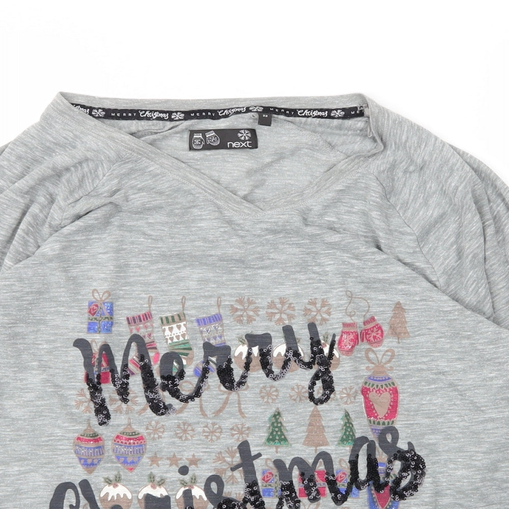 NEXT Womens Grey  Cotton Basic T-Shirt Size 22 V-Neck - Christmas