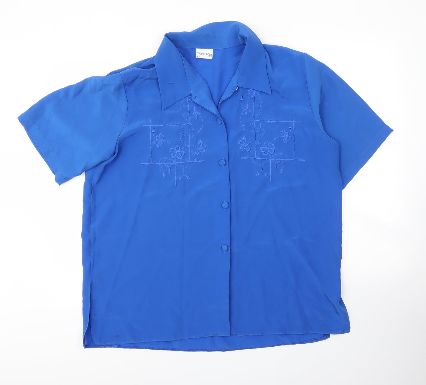 Michael Gold Womens Blue Floral Polyester Basic Blouse Size XL Collared