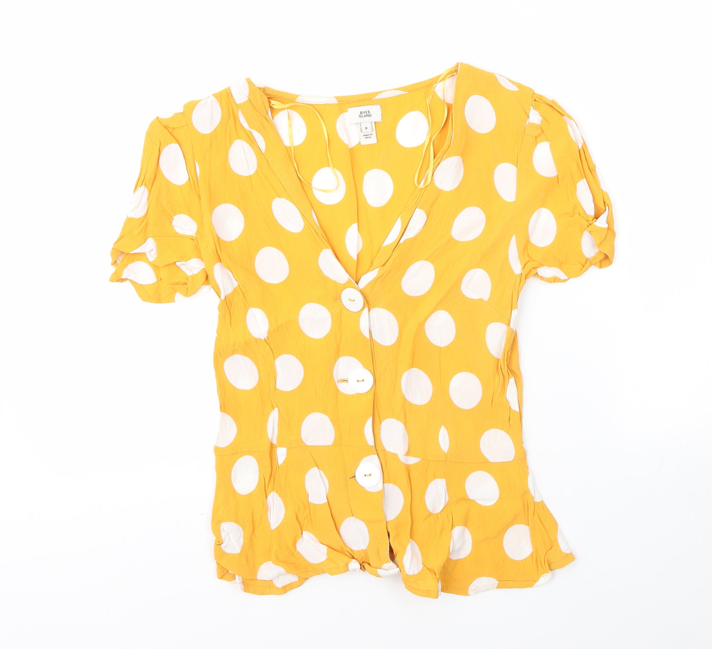 River Island Womens Yellow Polka Dot Viscose Basic Blouse Size 8 V-Neck