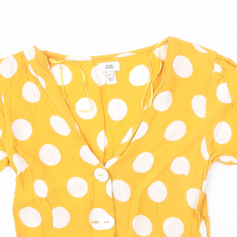 River Island Womens Yellow Polka Dot Viscose Basic Blouse Size 8 V-Neck