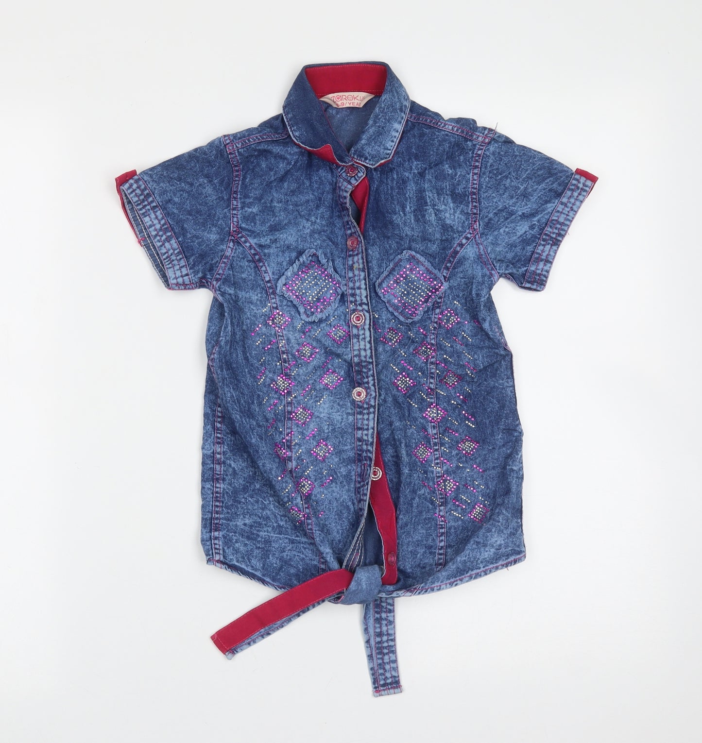 zaroklife Girls Blue Geometric Cotton Basic Button-Up Size 8-9 Years Collared Button - Rhinestone detail