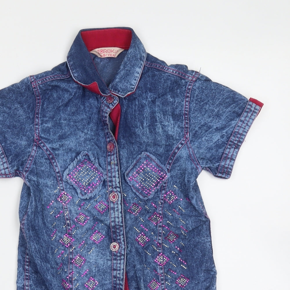 zaroklife Girls Blue Geometric Cotton Basic Button-Up Size 8-9 Years Collared Button - Rhinestone detail