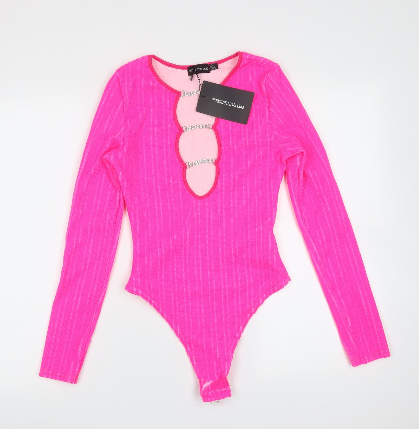 PRETTYLITTLETHING Womens Pink Striped Polyester Bodysuit One-Piece Size 10