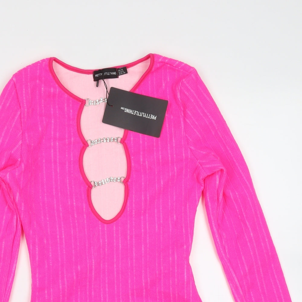 PRETTYLITTLETHING Womens Pink Striped Polyester Bodysuit One-Piece Size 10
