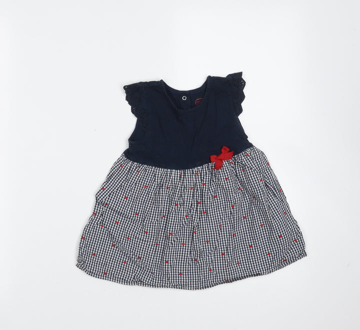 CoolClub Girls Blue Check Cotton Fit & Flare  Size 18 Months  Round Neck