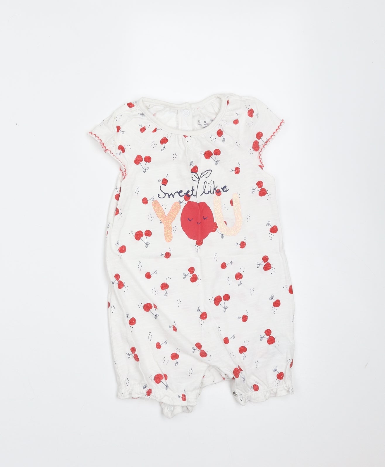 F&F Girls White  Cotton Romper One-Piece Size 9-12 Months   - Cherries