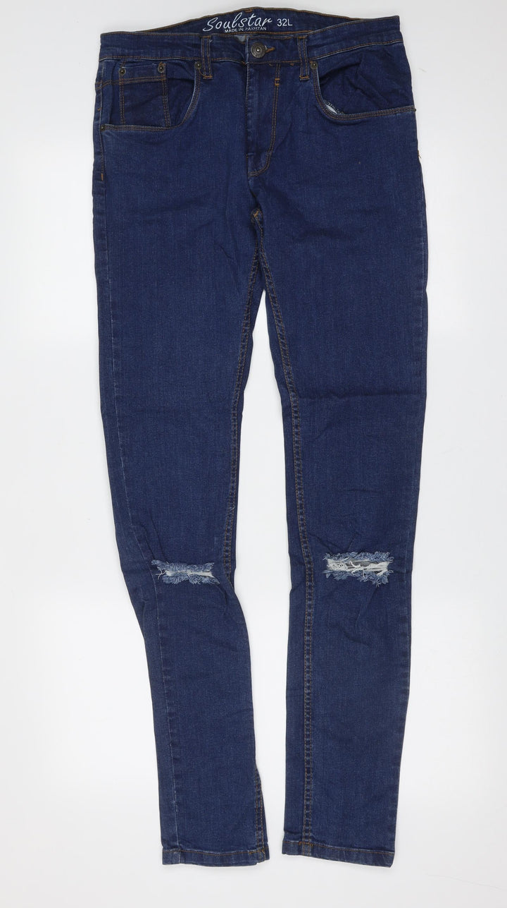 Soul Star Mens Blue  Cotton Skinny Jeans Size 32 in L35 in Extra-Slim Zip